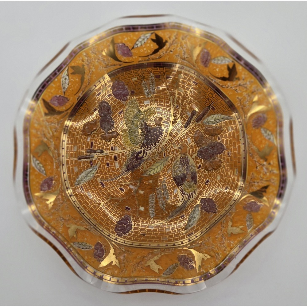 Reverse Painted Glass Phoenix Bird Dish Orange Gold Embossed Scallop 7.5"